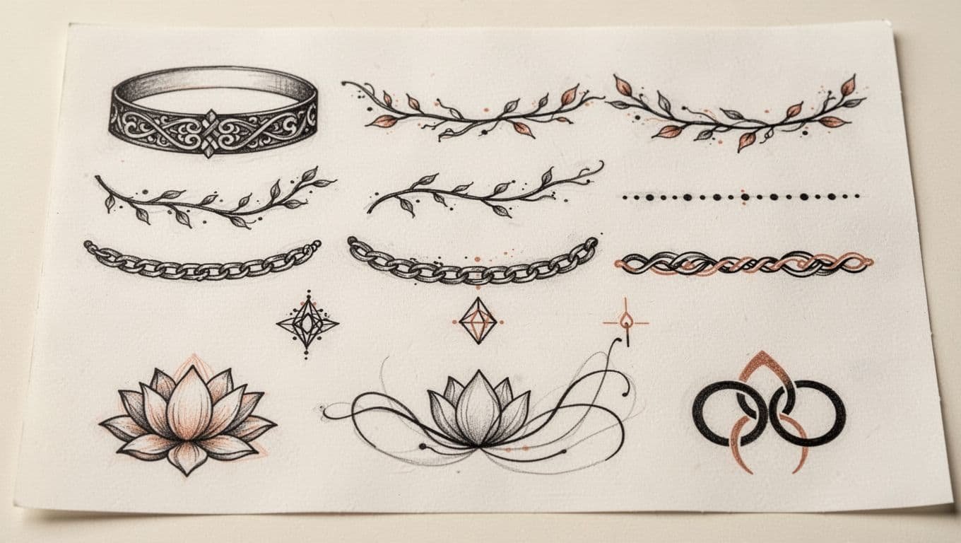 Fine-line wrist tattoo designs arranged on a warm-white flash sheet.
