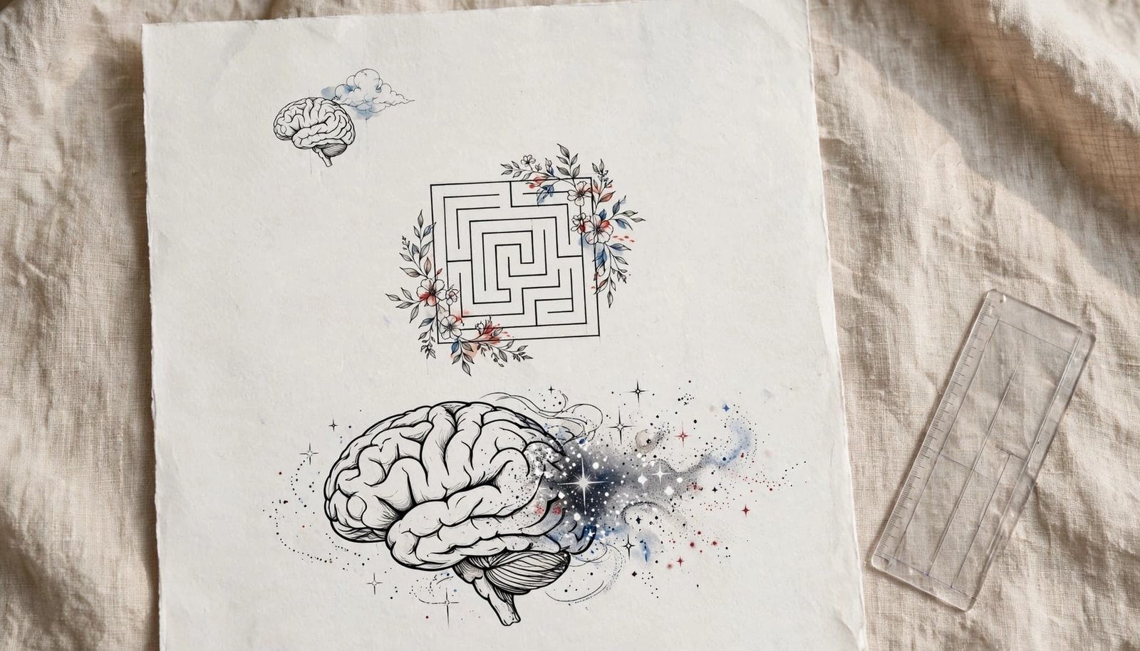 Three brain-themed tattoo sketches in different sizes sit beside a stencil ruler.