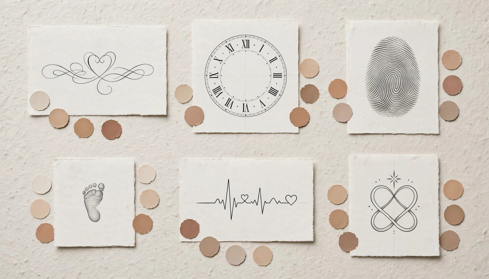 Six delicate parent-child memorial tattoo designs arranged on paper and neutral sample cards.