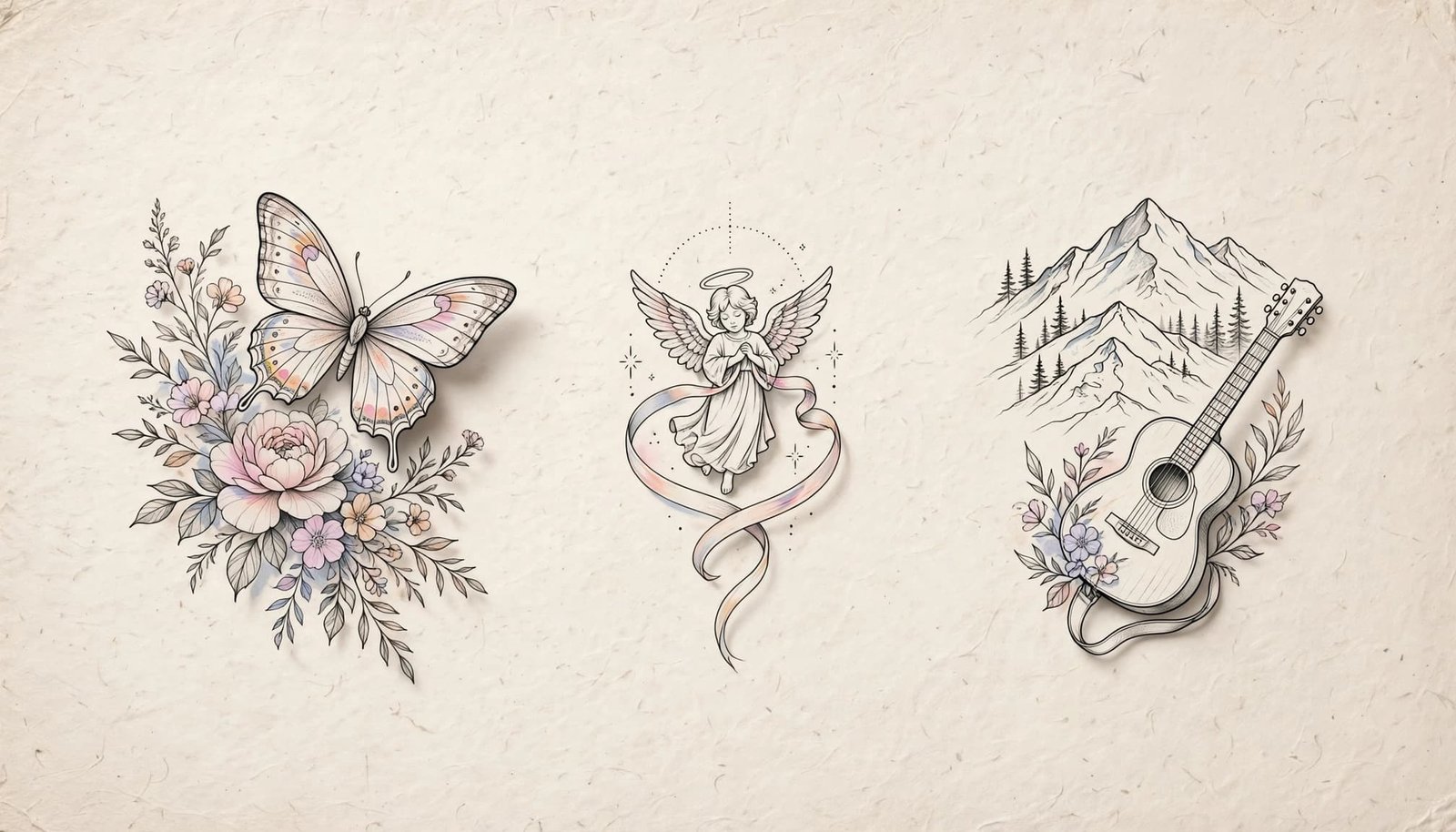 Three delicate tattoo motifs: a butterfly, guardian angel, and mountain with guitar.