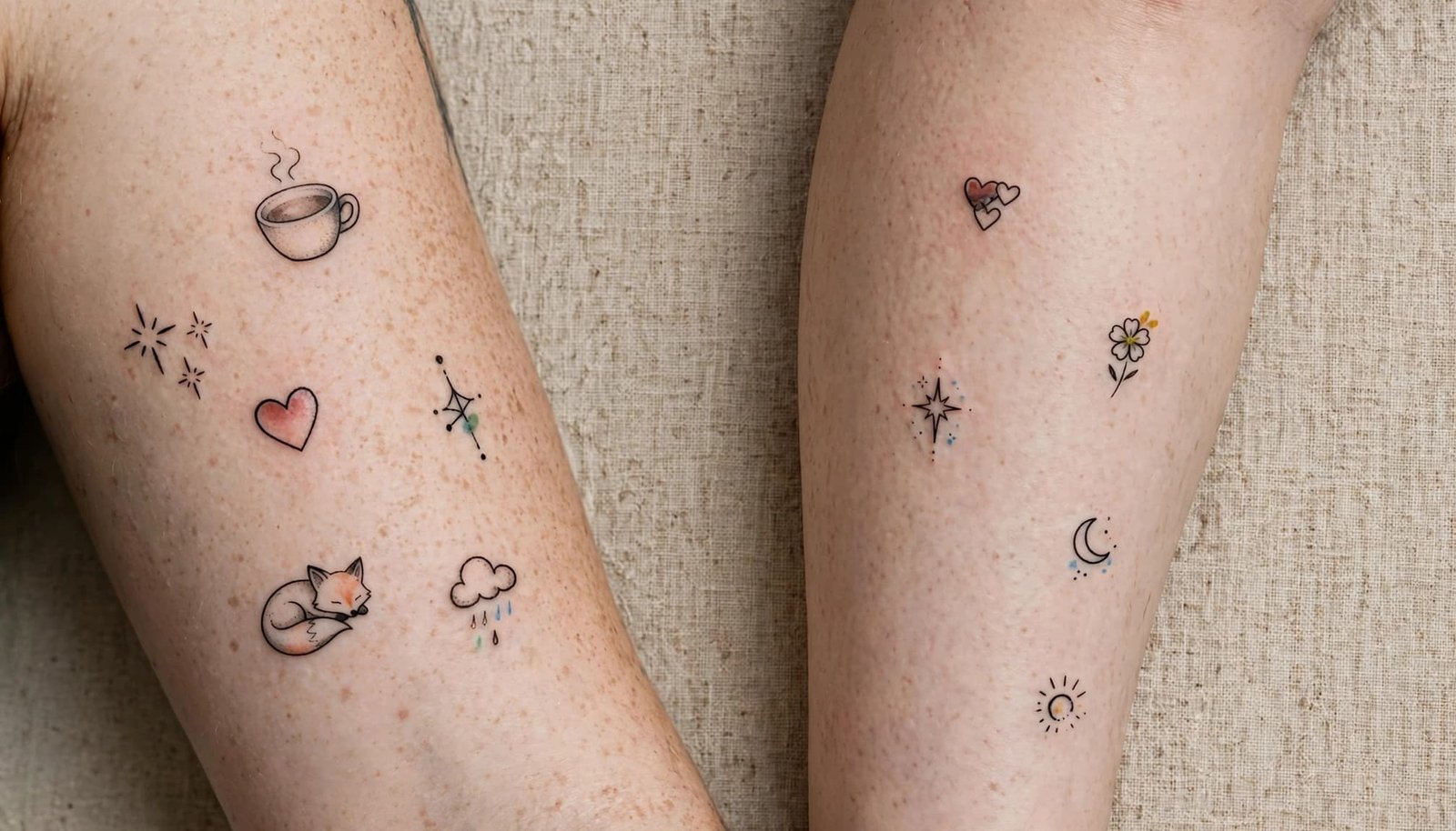 Small coffee, star, heart, animal, and doodle tattoos shown beside an arm and upper leg.
