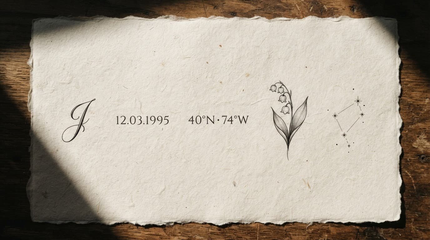 Five minimalist tattoo sketches arranged on a warm neutral surface.