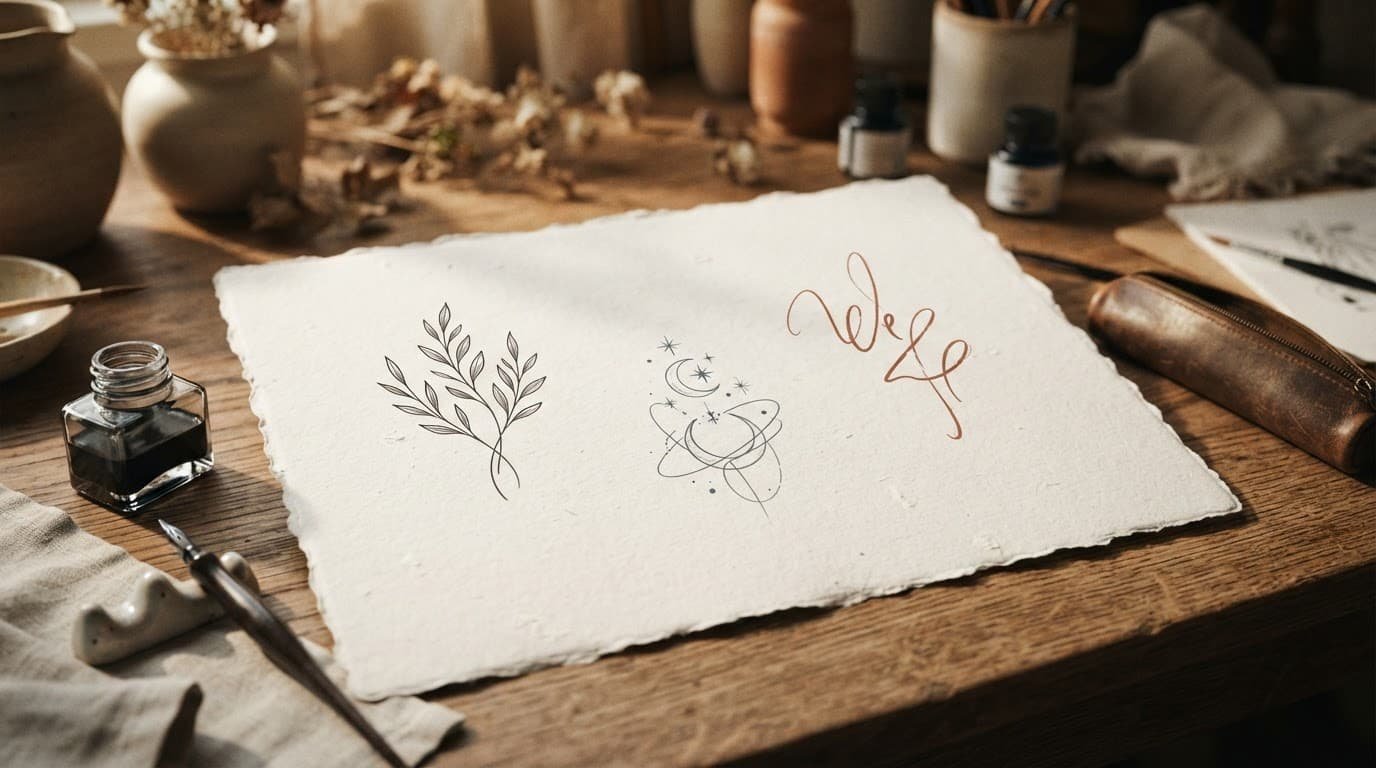 Tattoo inspiration board with botanical, celestial, and abstract line designs beside ink tools.