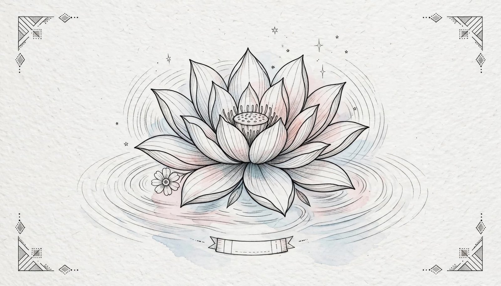 A fine-line lotus tattoo sketch with a birth flower, stars, ripples, and geometric details.