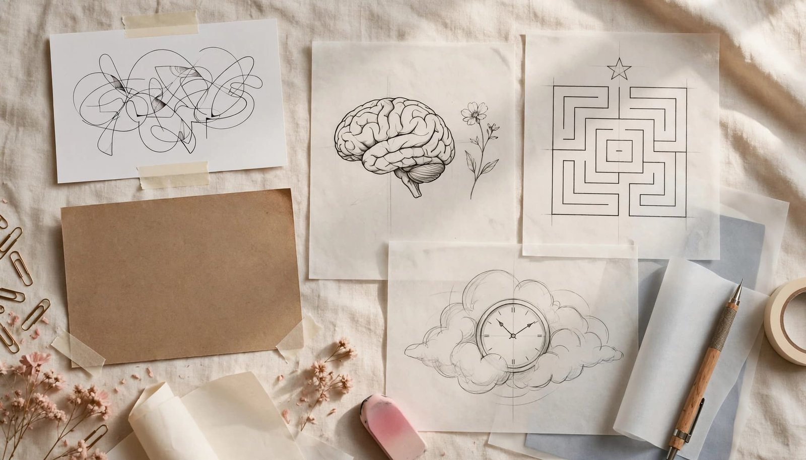 Tattoo sketches of a flowered brain, starry maze, and clock cloud beside a covered reference photo.