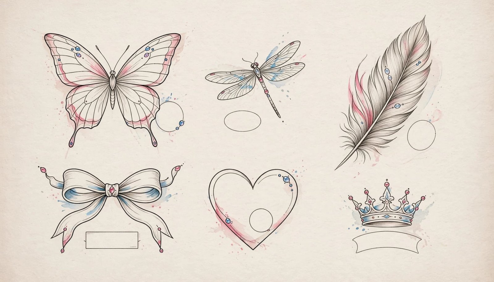 Six delicate tattoo motifs with pink and blue accents arranged on neutral paper.