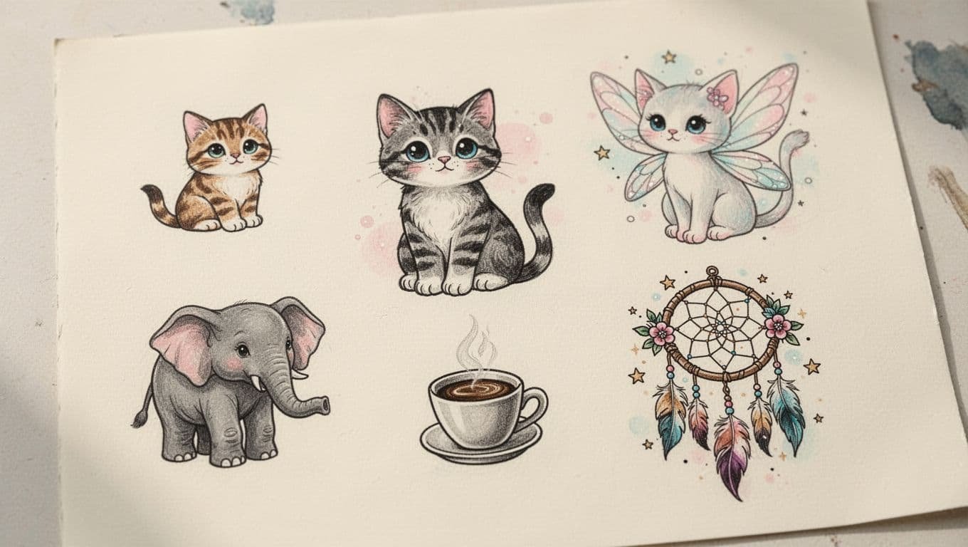 Six pastel tattoo designs, including cats, an elephant, coffee cup, and dreamcatcher, arranged on a cream sheet.
