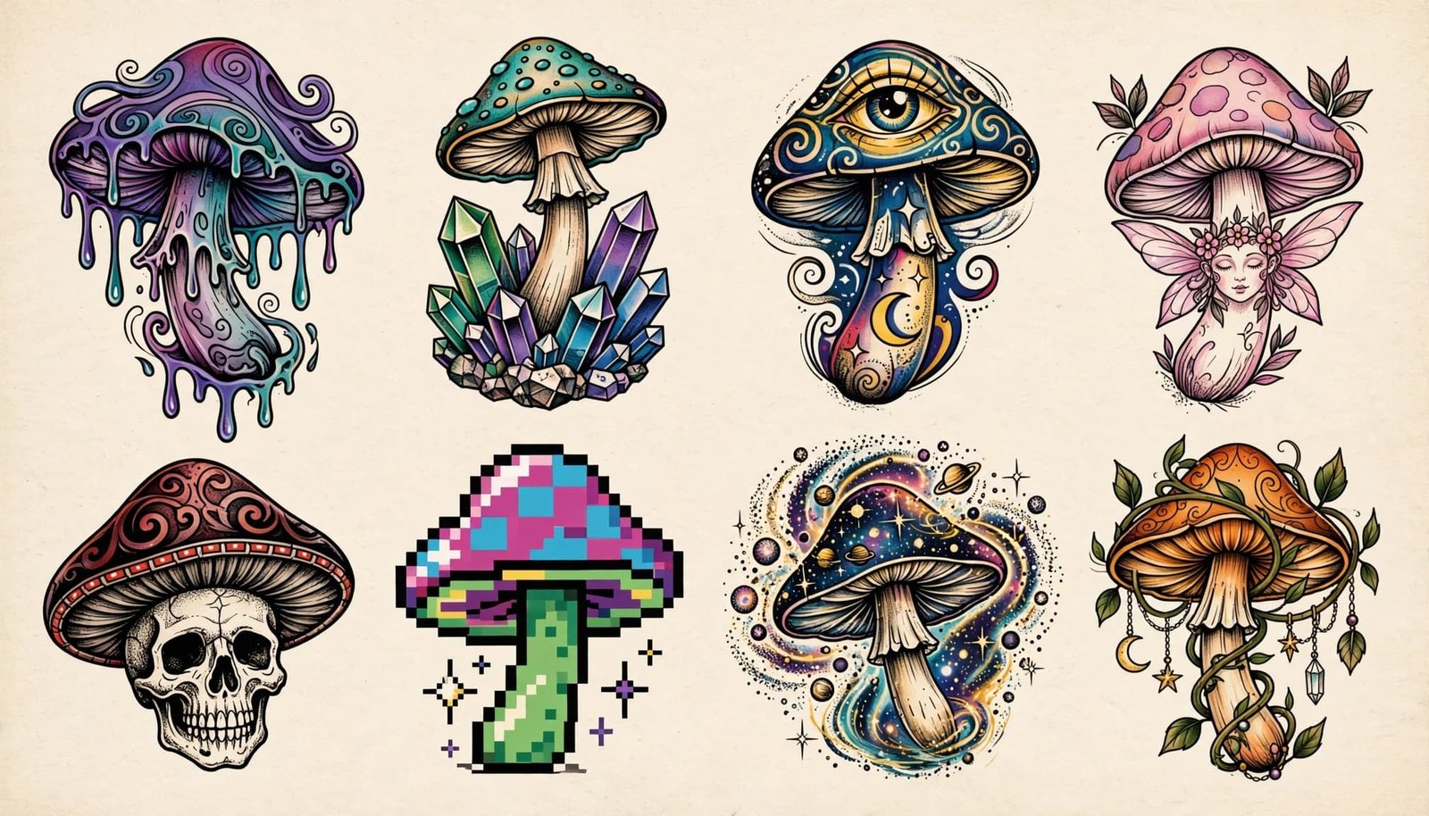 Eight colorful and black-ink mushroom tattoo designs arranged on an off-white sheet.