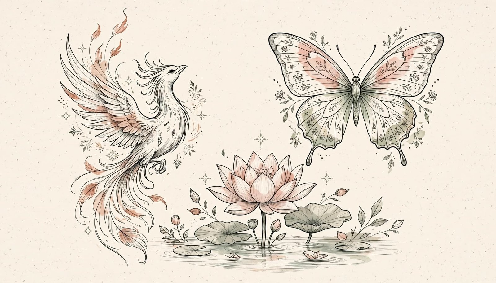 Phoenix, butterfly, and lotus tattoo designs on a warm ivory background.