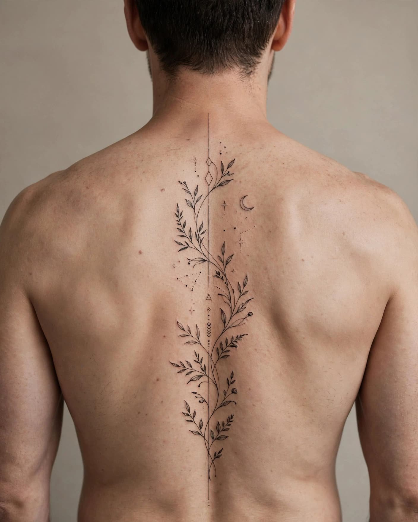 A man viewed from behind with a delicate black and gray tattoo along his spine.
