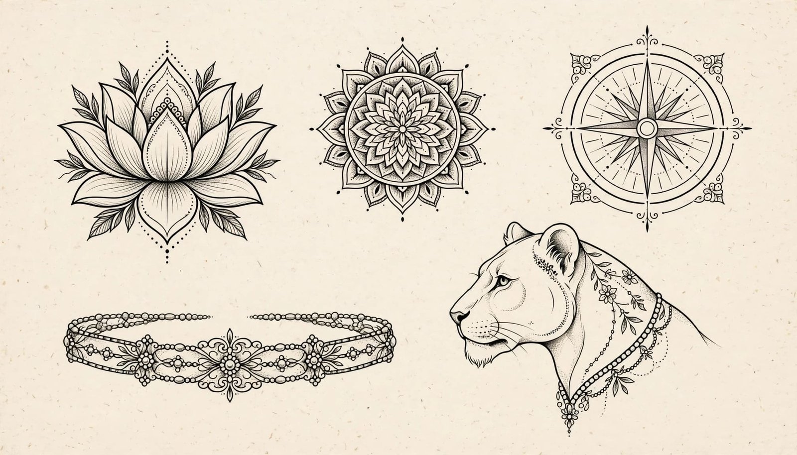 Five elegant black ink tattoo designs arranged on warm ivory paper.