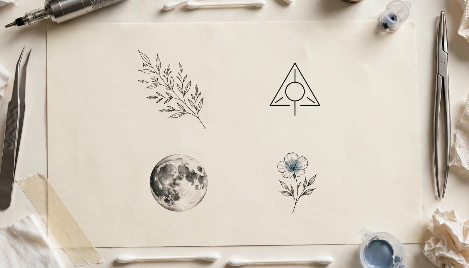 Four refined tattoo designs on cream paper with subtle tools around the edges.