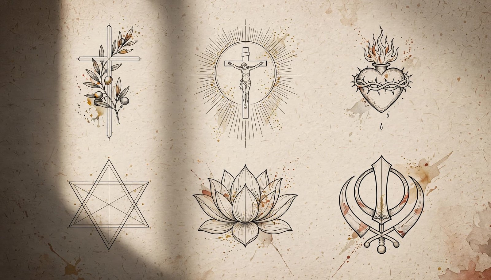 Six fine-line religious tattoo motifs arranged on warm neutral paper.