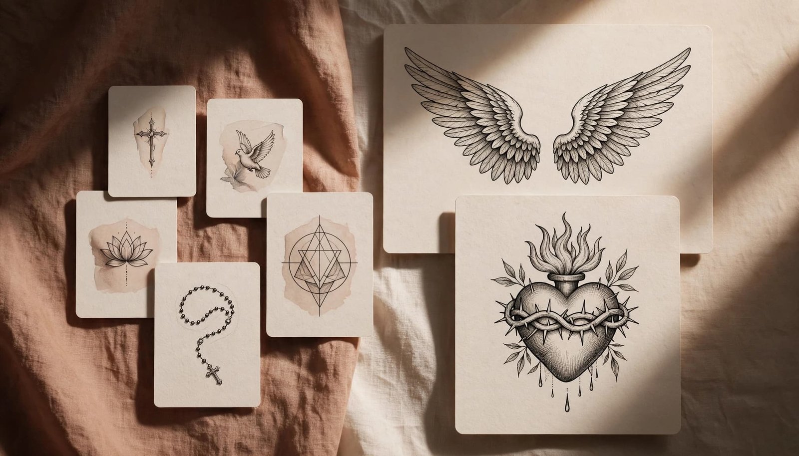 Tattoo placement cards show crosses, doves, lotus flowers, rosaries, wings, and Sacred Hearts.