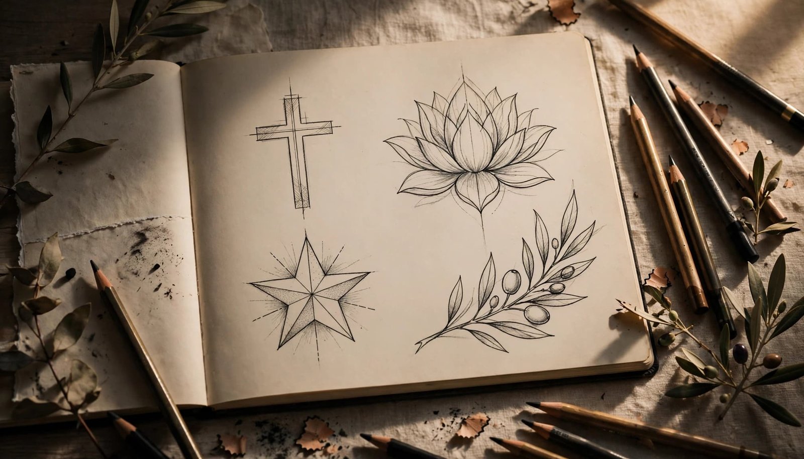 An open sketchbook shows cross, lotus, star, and olive branch tattoo ideas.