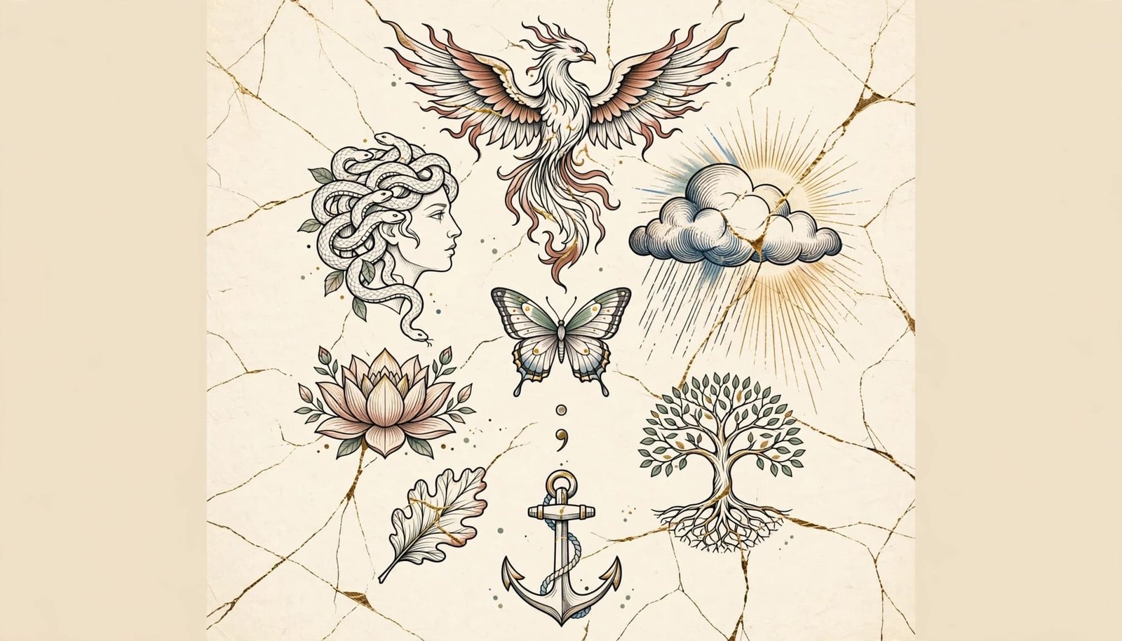 Vertical fine-line symbols include a phoenix, lotus, butterfly, tree of life, anchor, storm cloud, and gold cracks.
