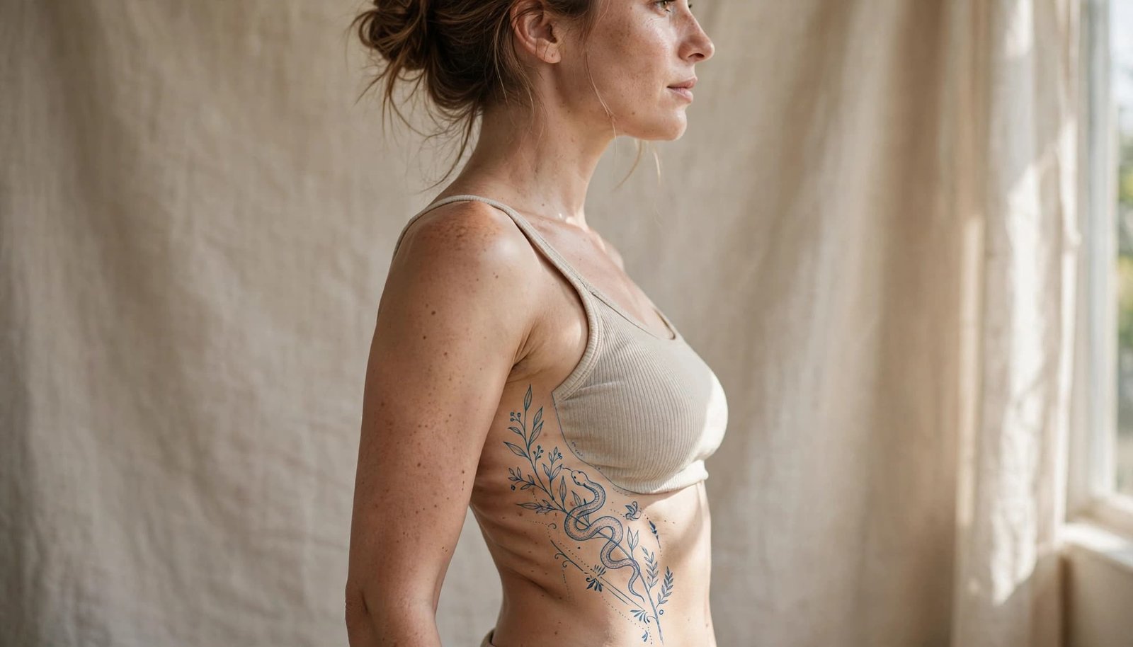 Woman in profile with a botanical rib cage stencil.