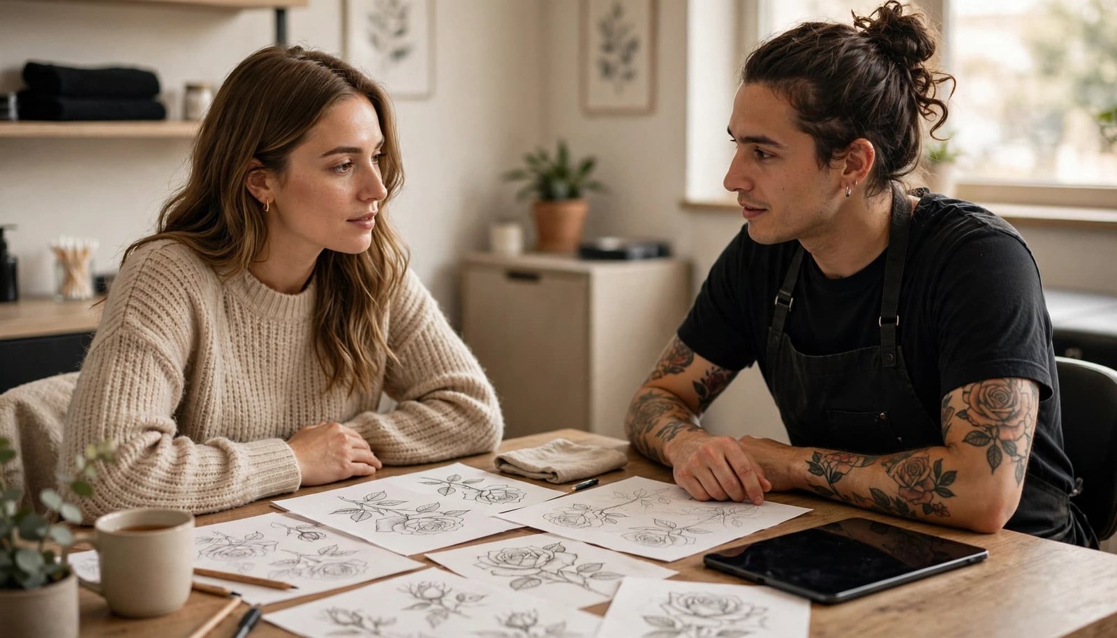 A woman and tattoo artist discuss rose tattoo sketches at a studio table.