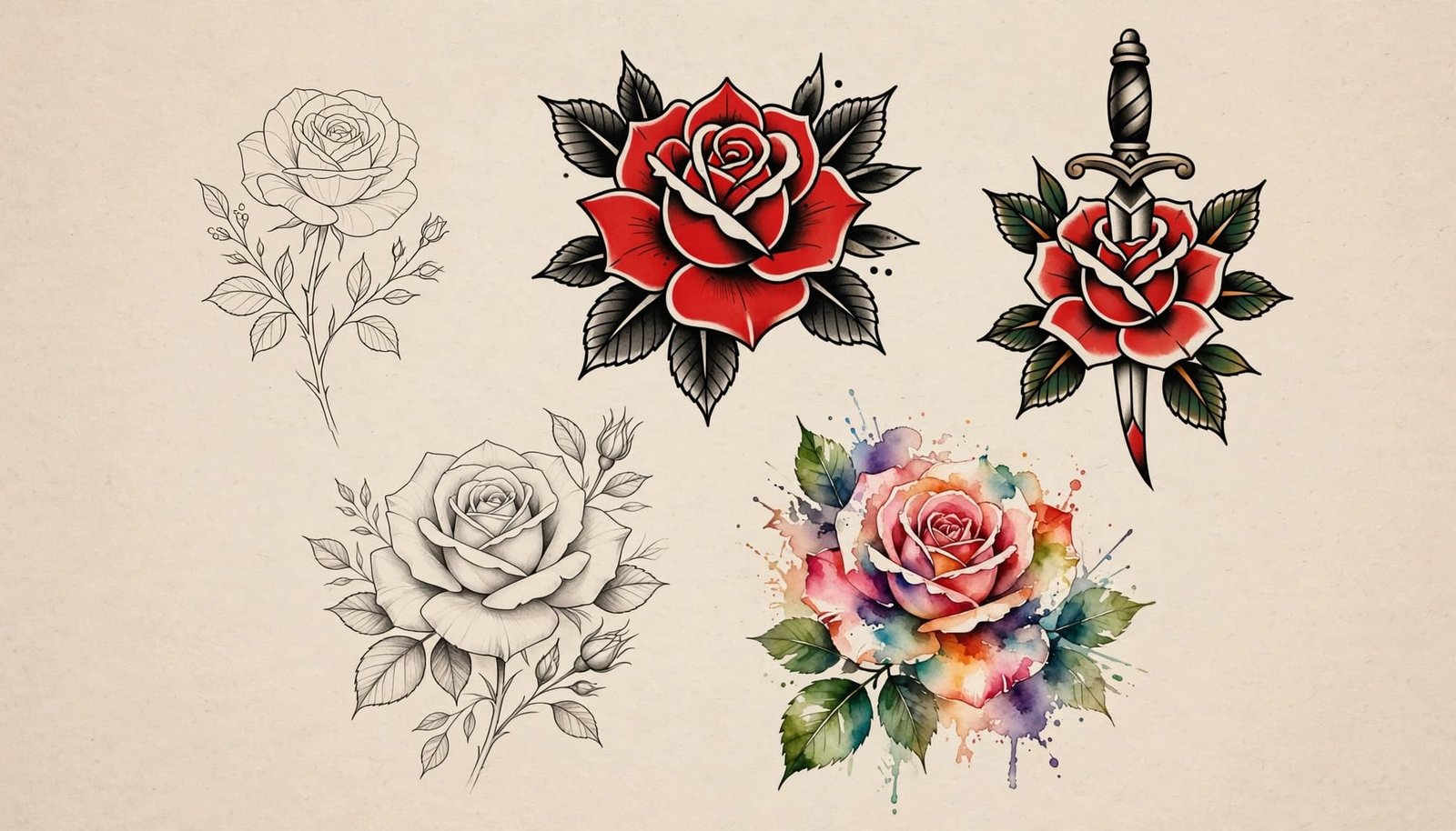 Five varied rose tattoo designs arranged on a warm neutral background.