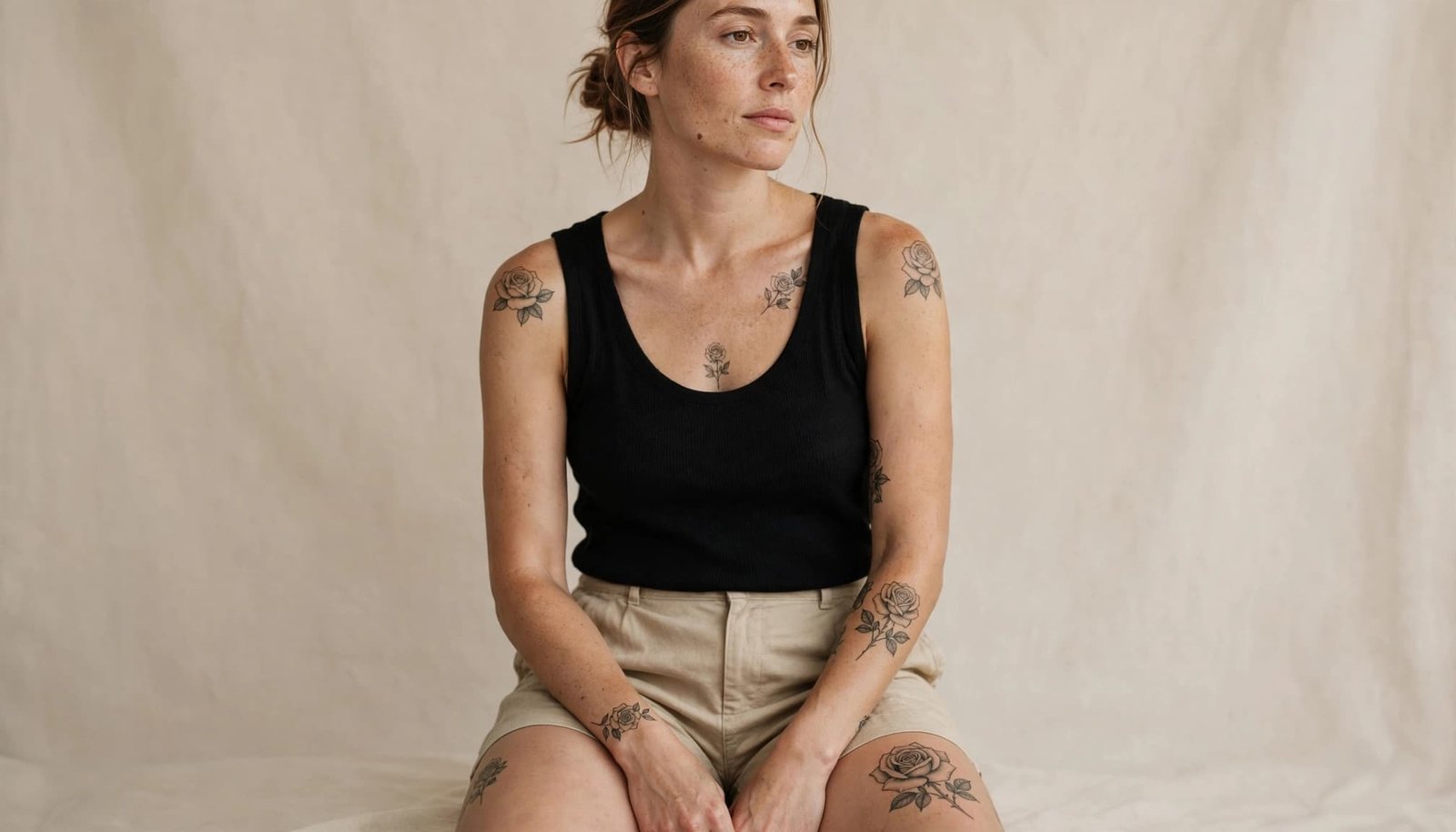 Woman showing rose tattoos on her wrist, shoulder, chest, forearm, and thigh.