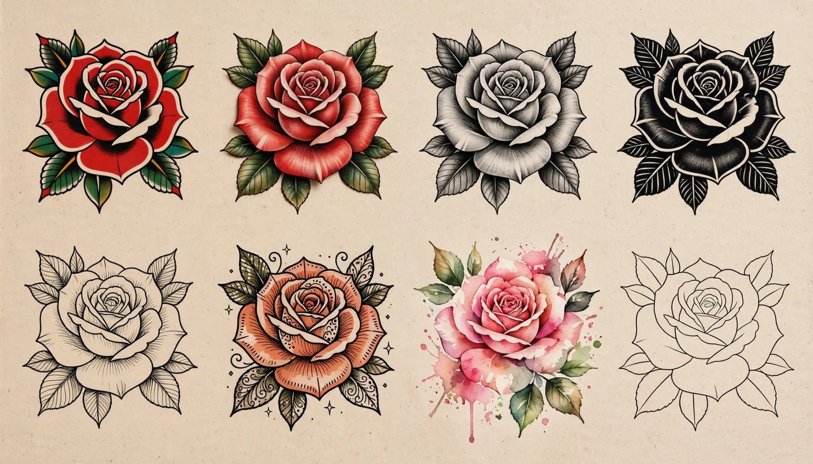 Rose tattoo designs shown in traditional, realistic, blackwork, fine-line, watercolor, and minimalist styles.