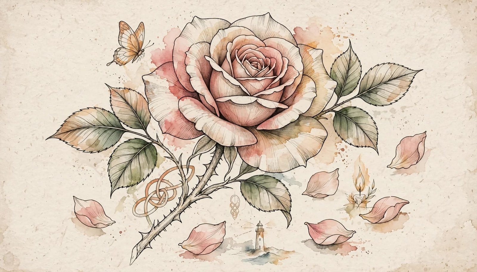 A fine-line rose tattoo design with leaves, thorns, and fallen petals.