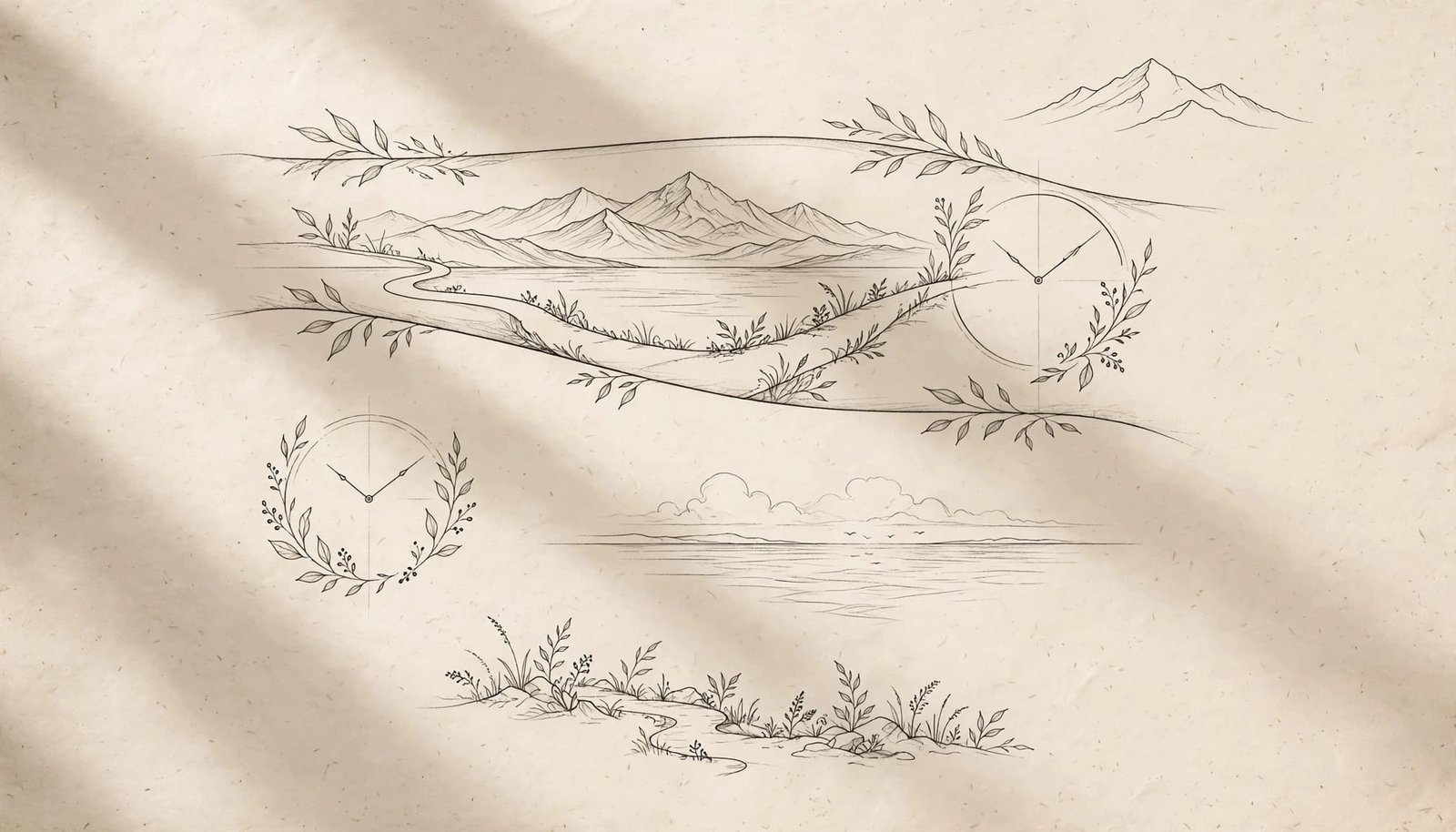 Fine-line tattoo ideas show a mountain, path, clock, and forearm design on ivory paper.