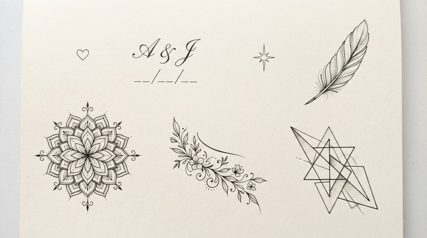Seven small black ink shoulder tattoo designs arranged on neutral paper.