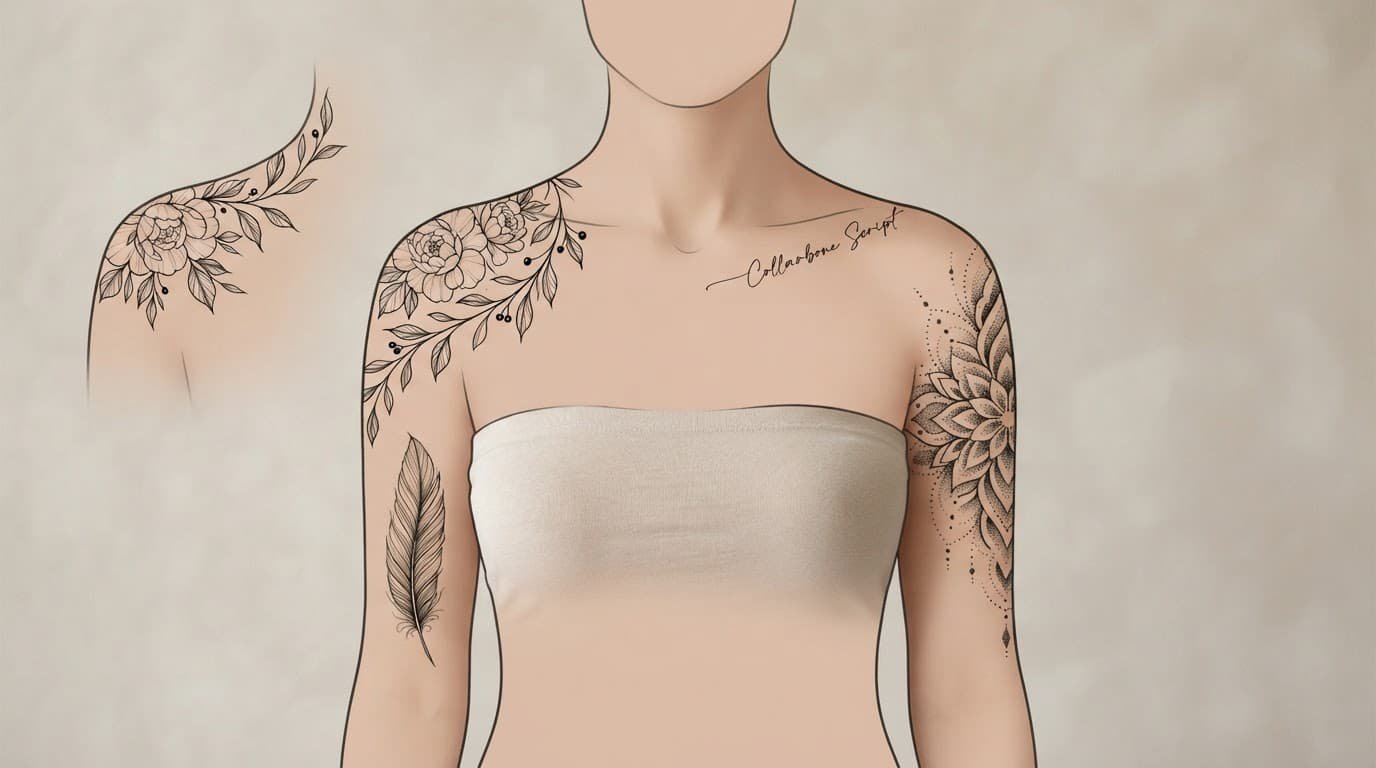 Five shoulder tattoo designs shown on a simplified female torso outline.