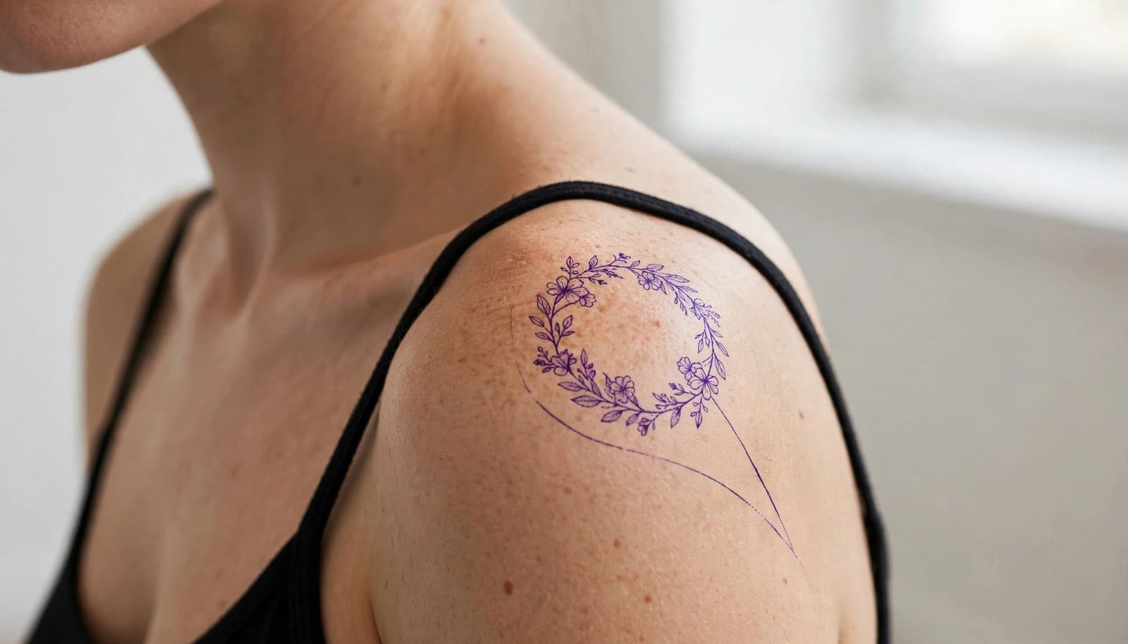 A floral tattoo stencil curves across one woman's shoulder toward her collarbone.