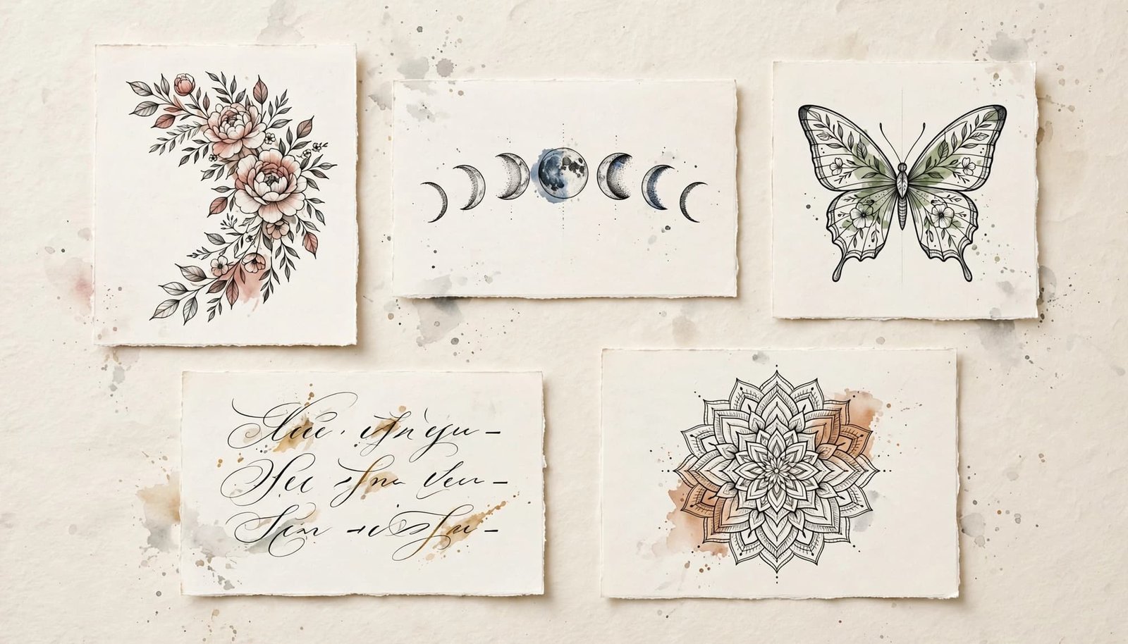 Five shoulder tattoo sketches show flowers, moon phases, a butterfly, abstract script, and a mandala.