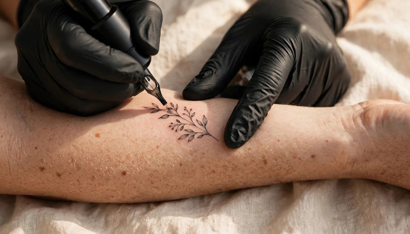 Artist's hands create a delicate botanical tattoo on a client's forearm.