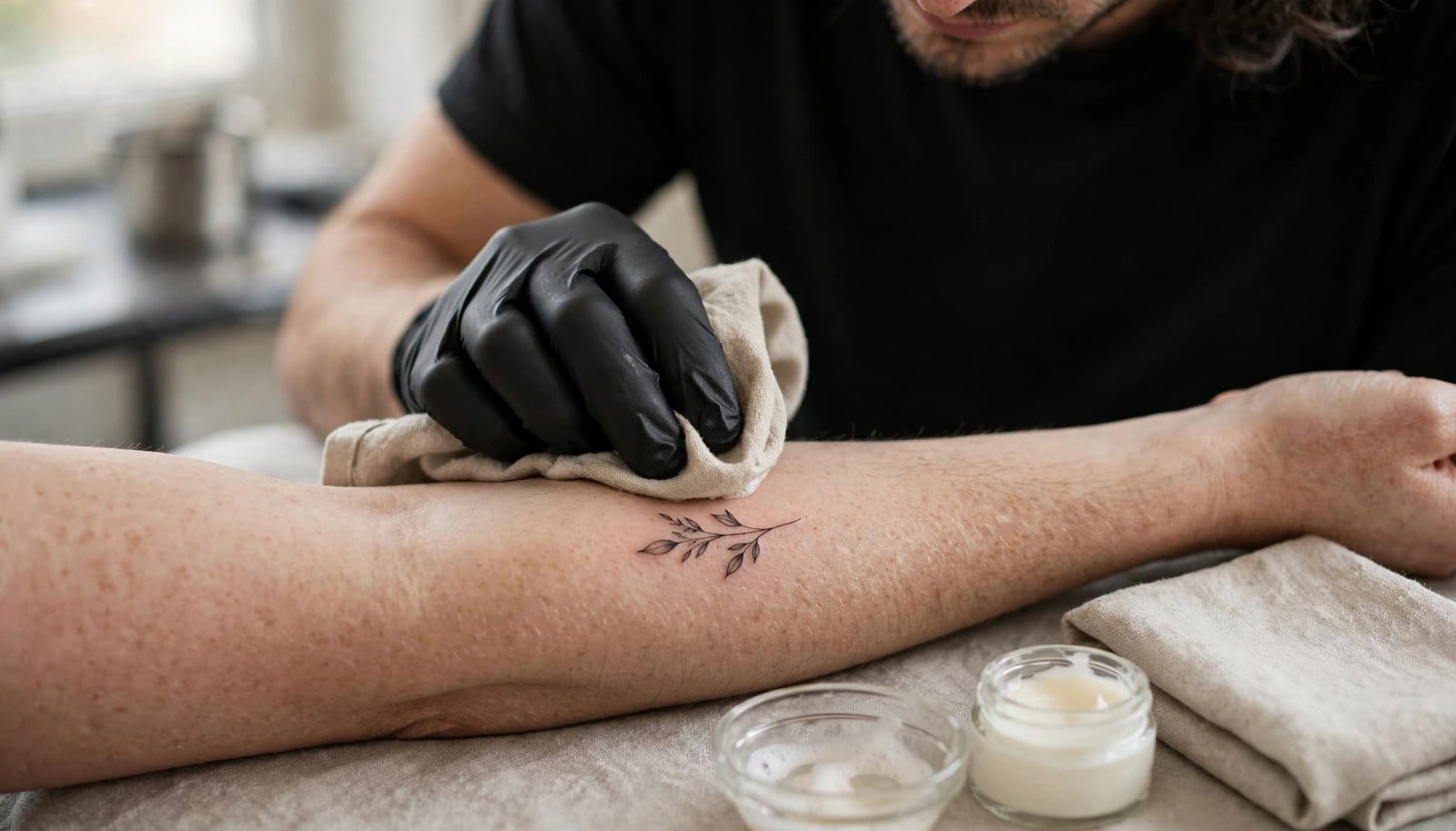 An artist gently cares for a fresh forearm tattoo beside soap and moisturizer.