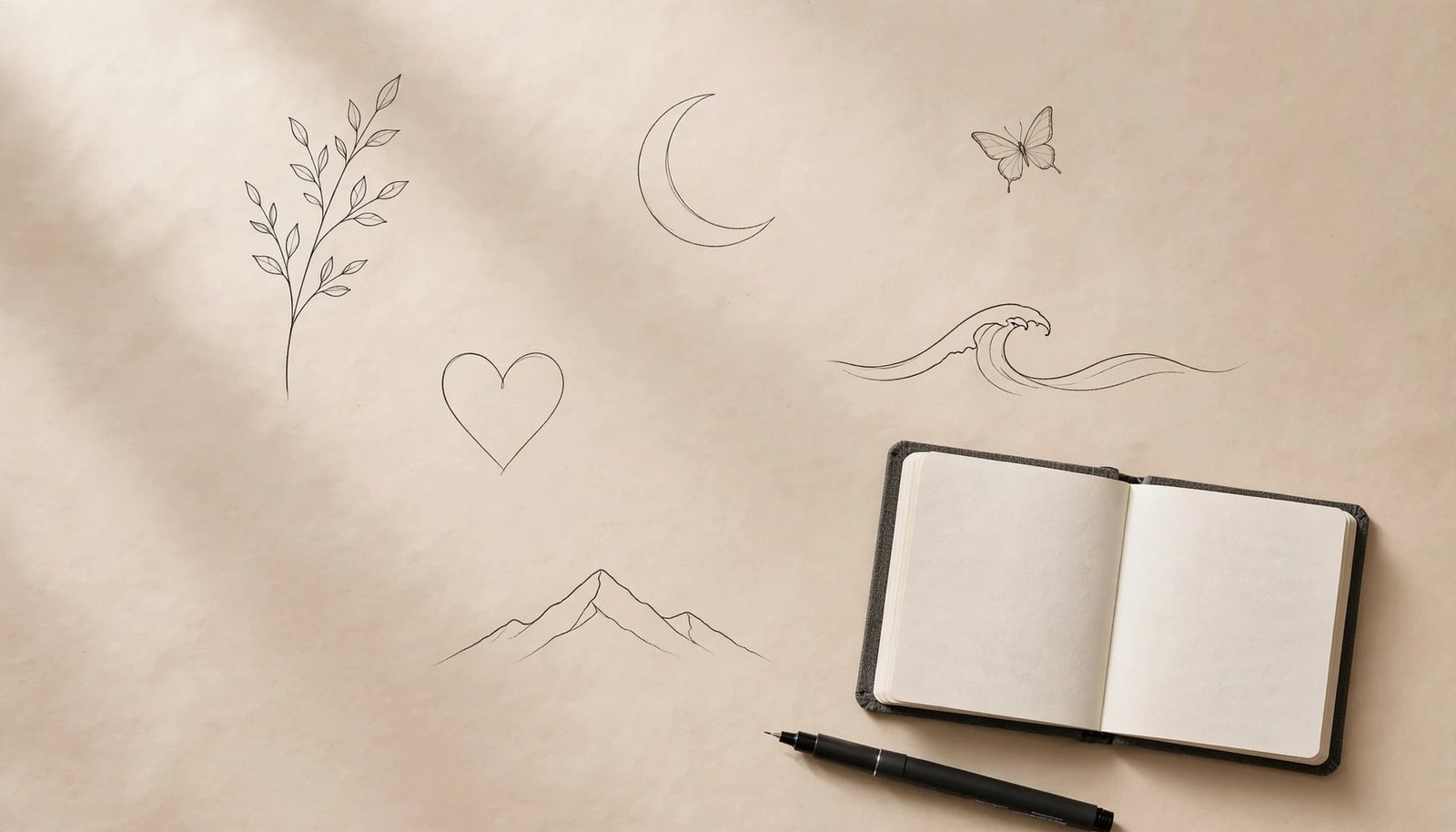 Fine-line tattoo motifs arranged beside a sketchbook and black pen on warm paper.