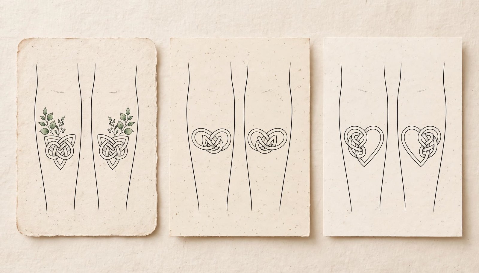 Three stencil cards show matching knot tattoo designs with a botanical detail and heart-forming pair.