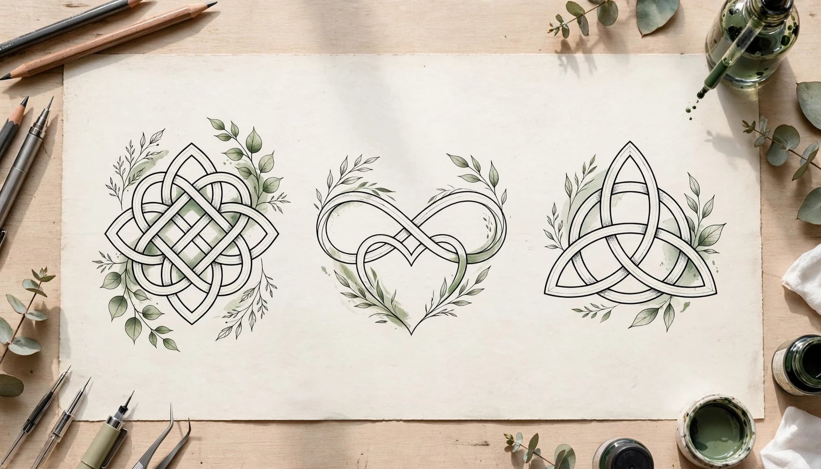 Three sister knot tattoo sketches on paper beside pencils and ink tools.