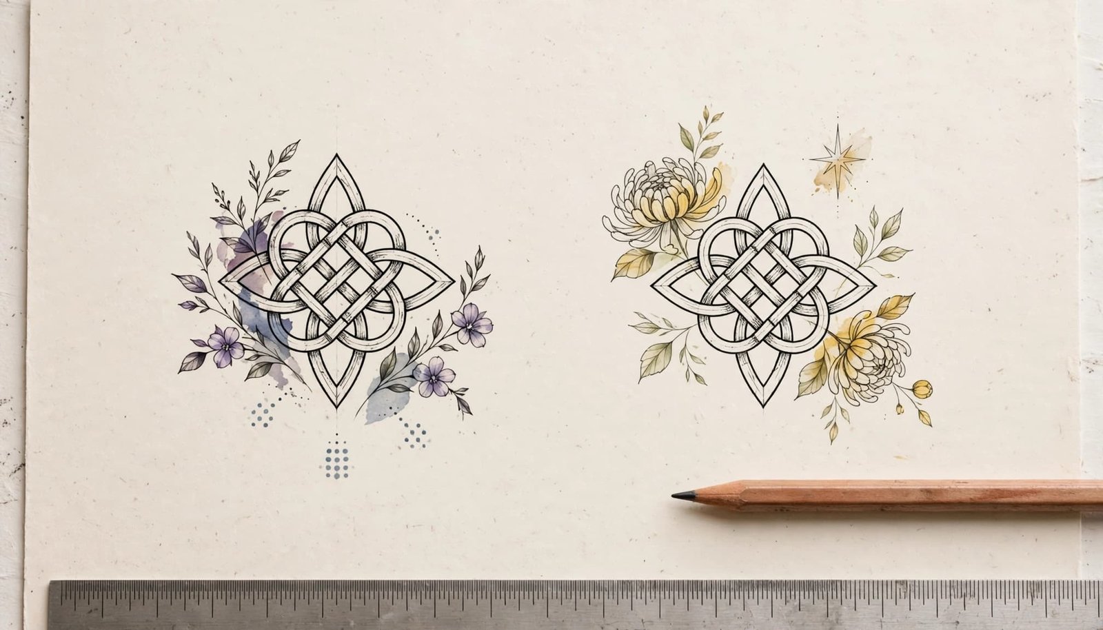 Two botanical sister knot tattoo sketches on paper beside a pencil and ruler.
