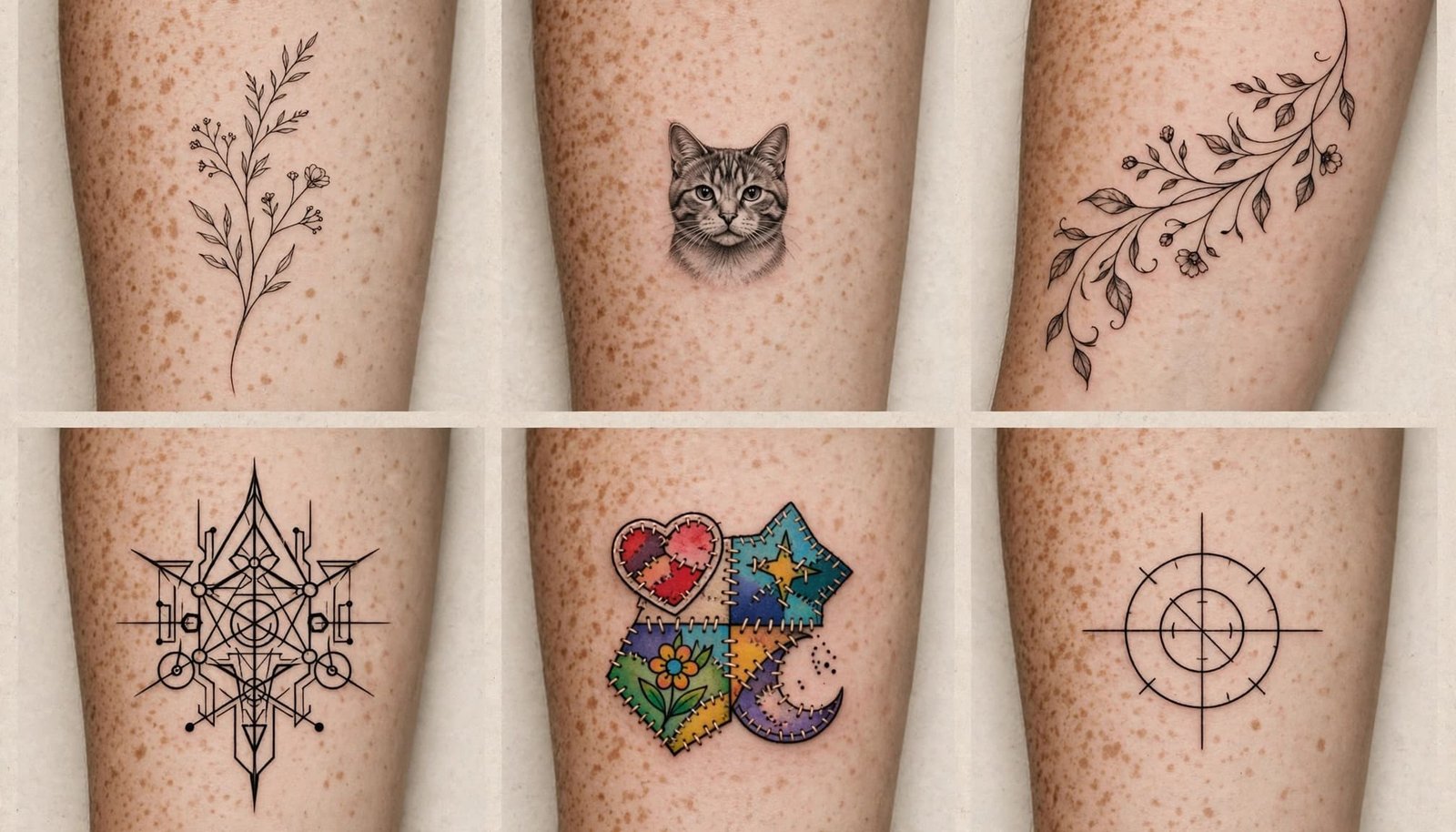 Six varied tattoo designs arranged on clean skin against a neutral background.