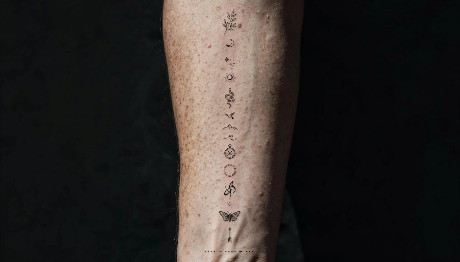A tattooed forearm shows fifteen small black and charcoal tattoo designs.