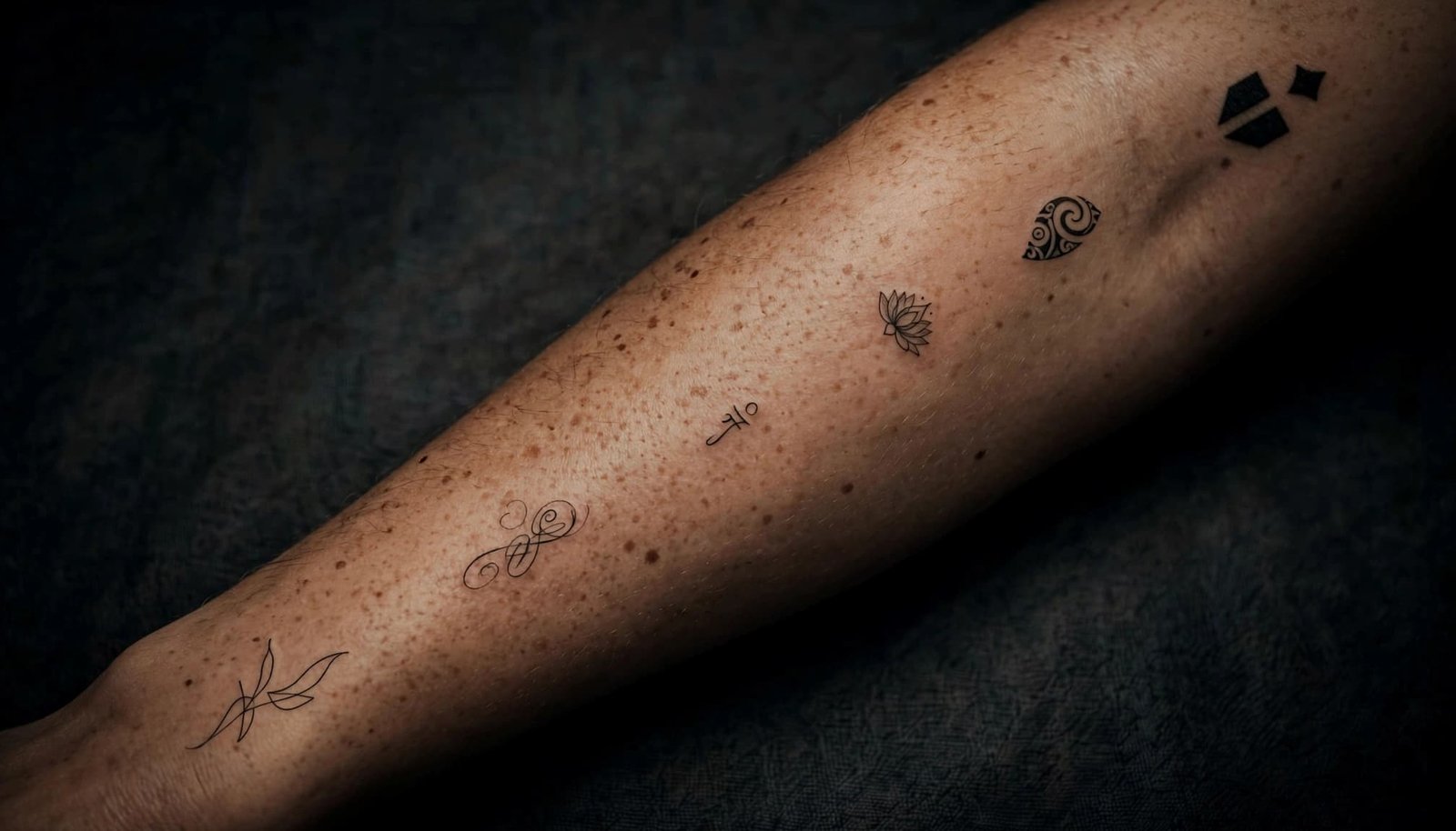 A forearm showing several small tattoos in varied artistic styles.