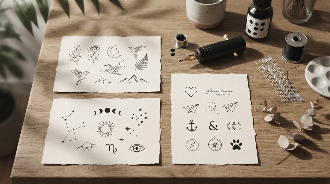 Small nature, celestial, and personal tattoo designs arranged beside tattoo tools.