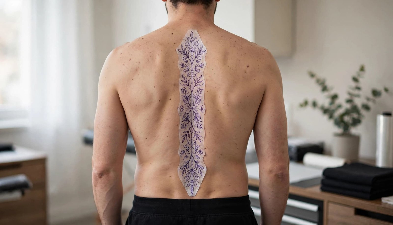 A tattoo artist checks a long stencil centered on a man's back.