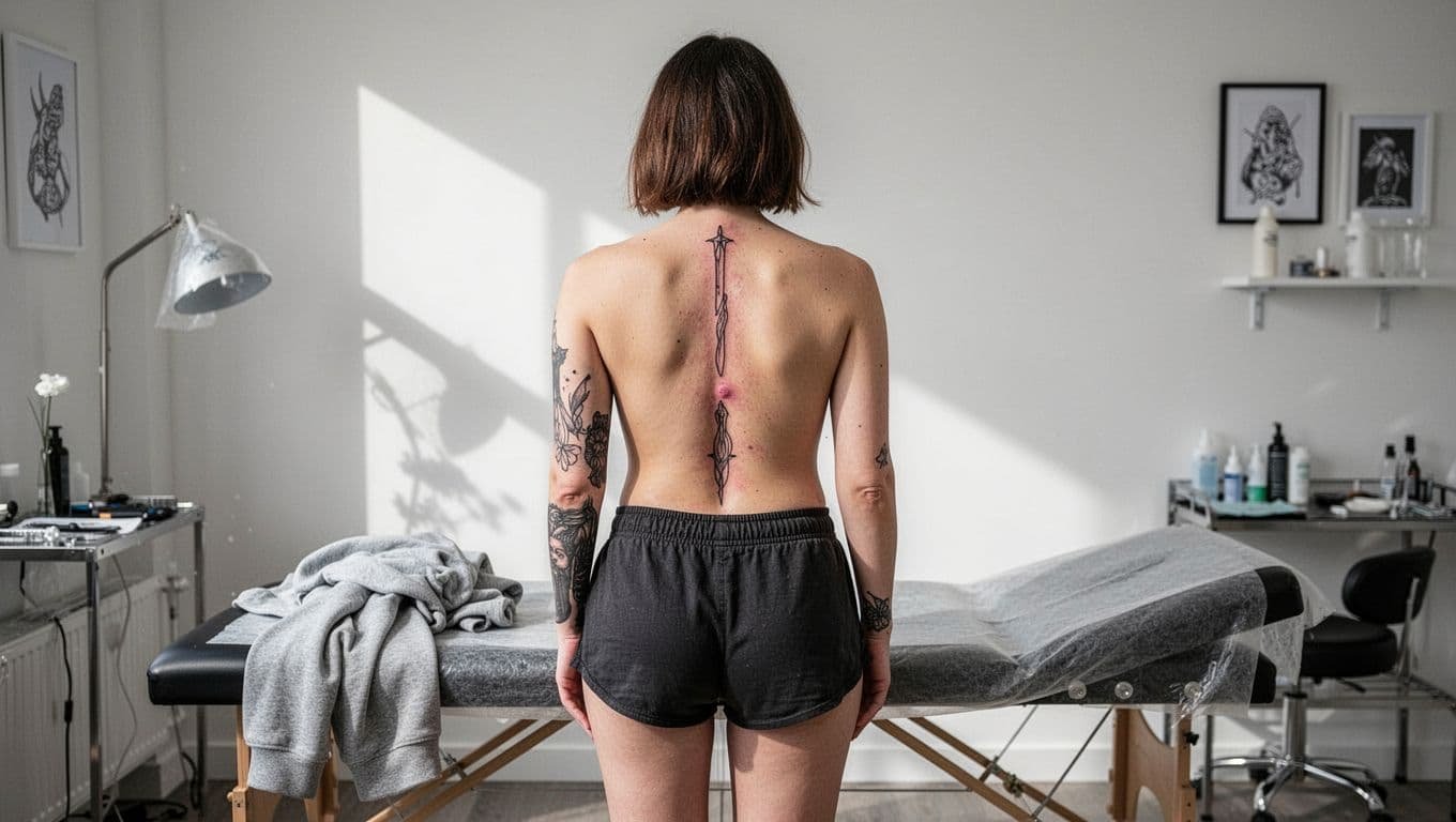 Woman showing a healed vertical spine tattoo in a clean studio.