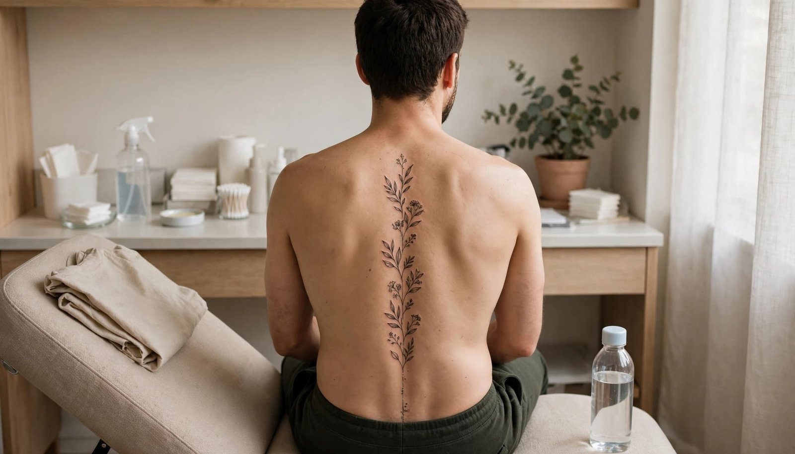 Man seated from behind with a vertical spine tattoo in a clean tattoo studio.
