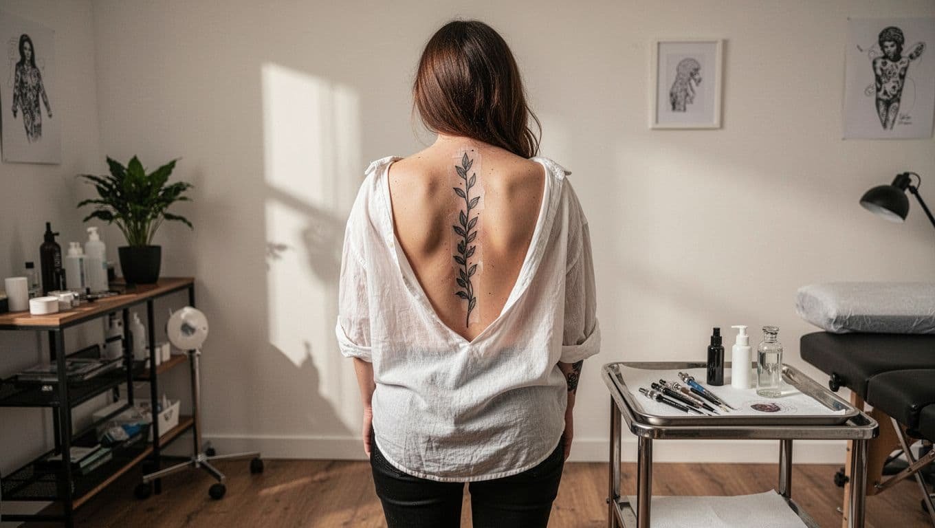 Woman in an open-back shirt showing a fresh spine tattoo stencil in a clean studio.
