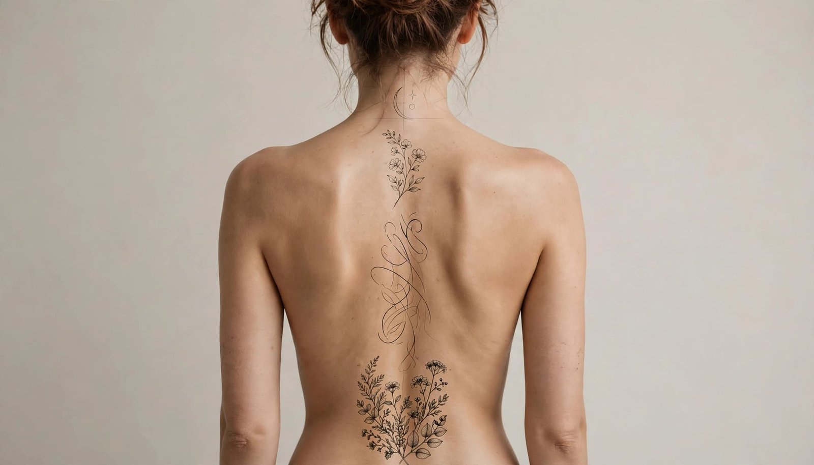 Woman's back showing five distinct spine tattoo design ideas in a neutral studio.