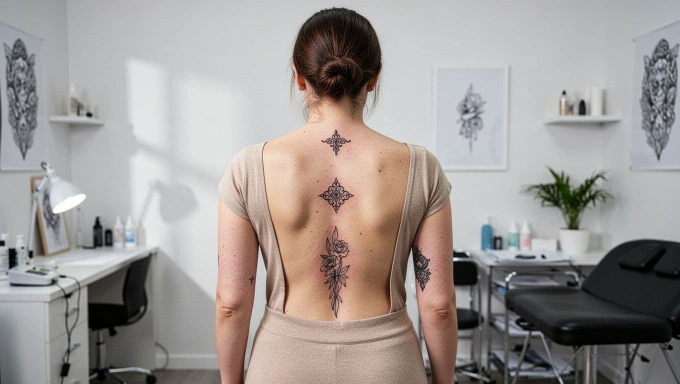 Woman showing four spine tattoo placement examples from upper back to lower spine.
