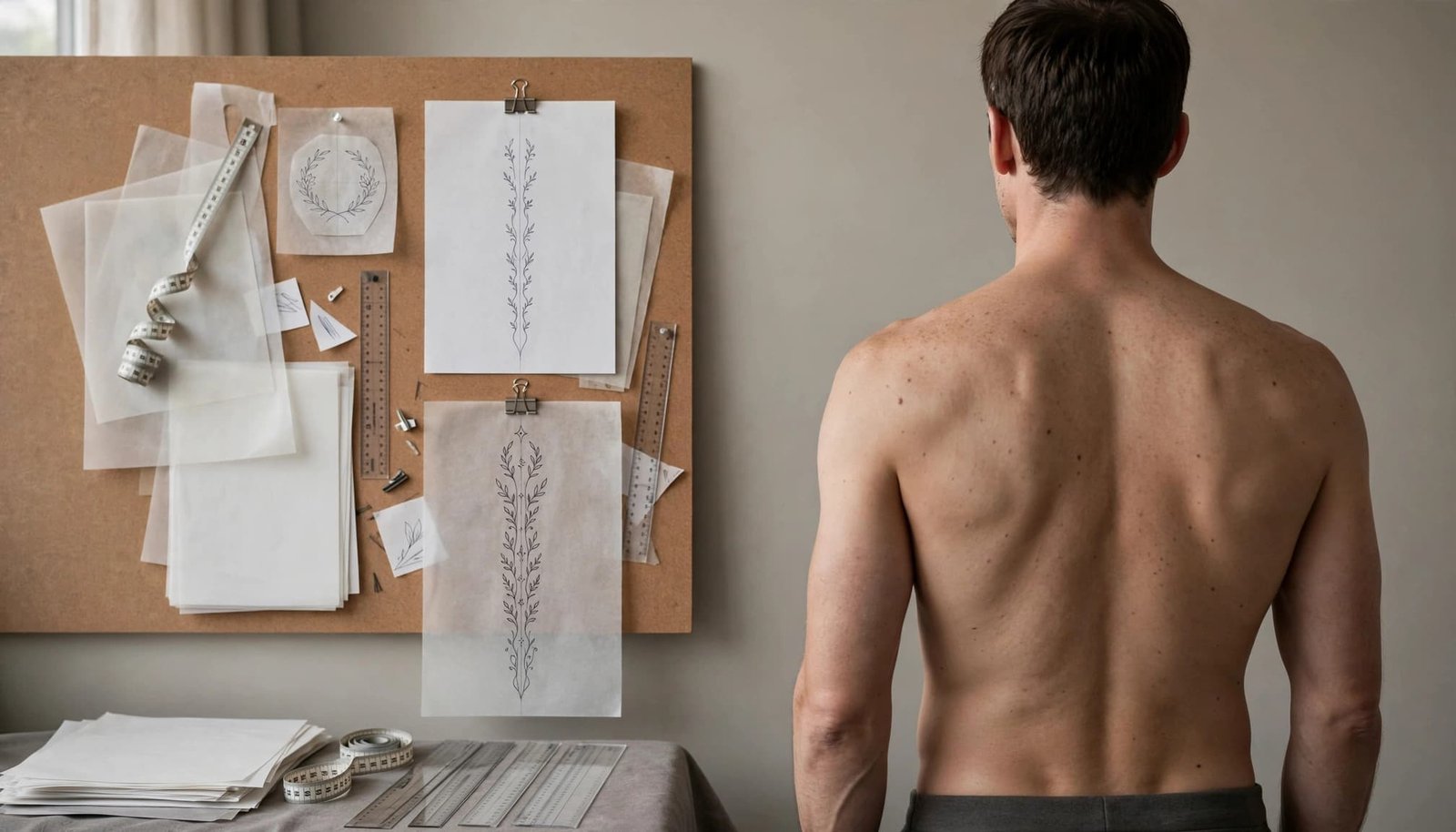 A man views spine tattoo placement sketches beside a design board.