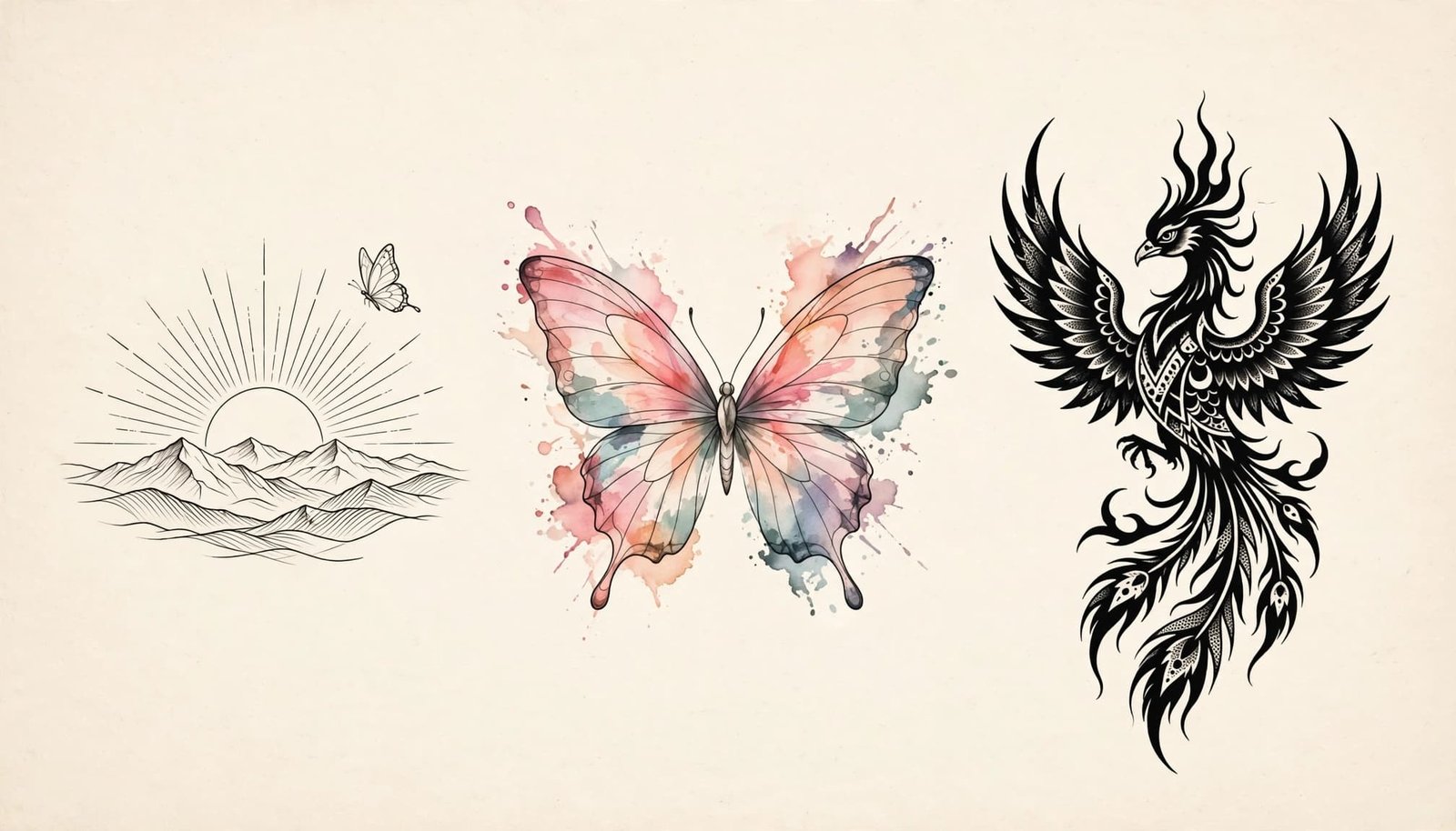 Three tattoo designs show a sunrise butterfly, colorful butterfly, and bold black phoenix.