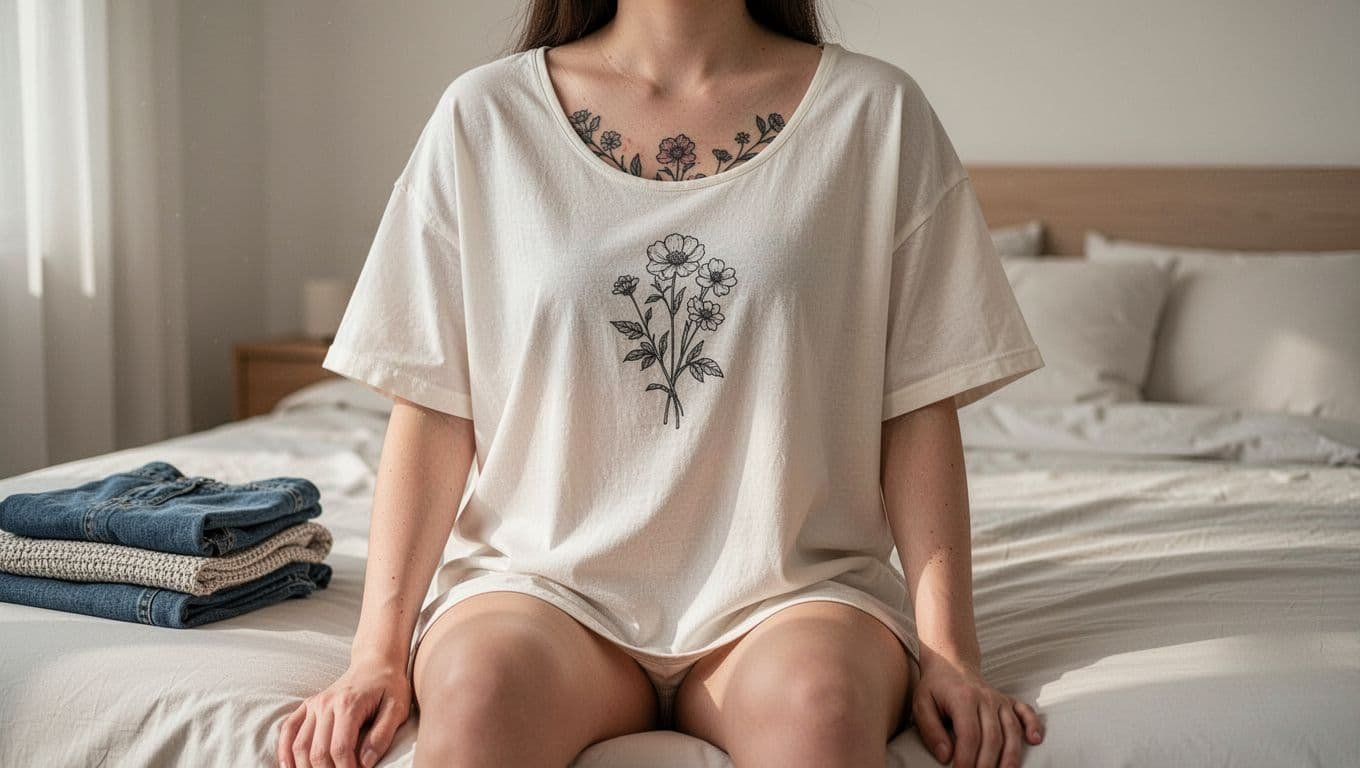 A person in a loose top shows a healing floral sternum tattoo in a calm bedroom.